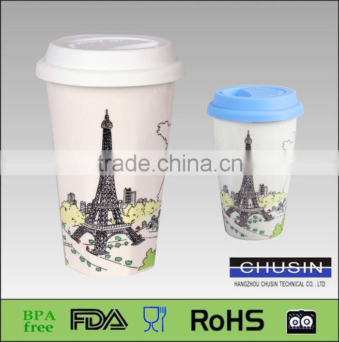 eco- friendly ceramic coffee cup with custom BPA free silicone lid