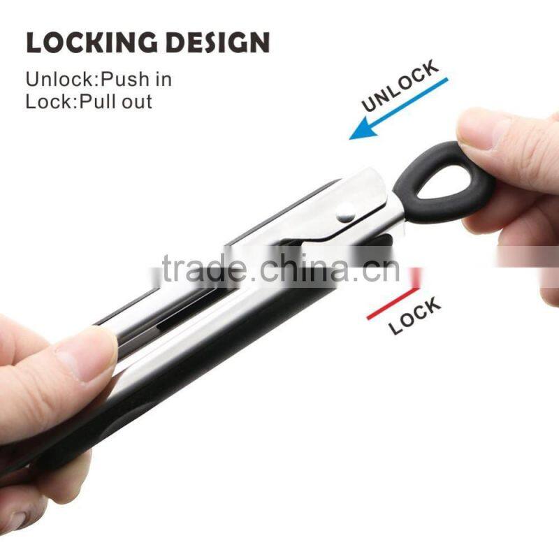 Food grade Stainless Steel silicone Kitchen Locking Tongs , Food Tongs, BBQ Tongs