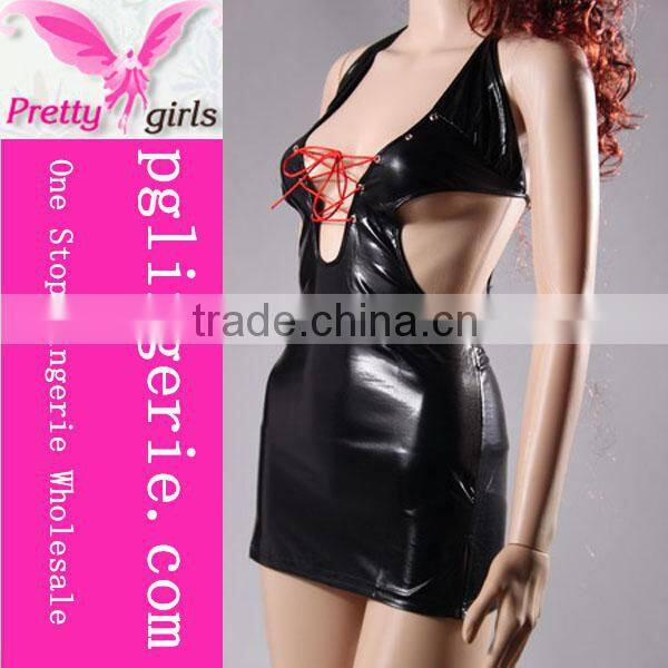 Top quality women's sexy leather backless with deep V cut dress