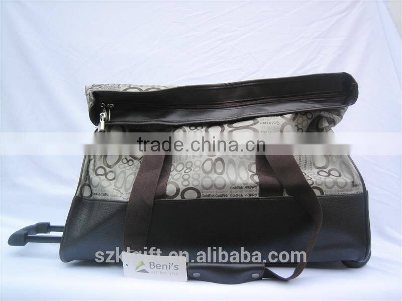 Plastic shoulder bag on wheels made in China