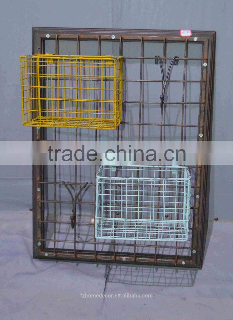 Decorative metal storage holder with wooden board for wall decoration