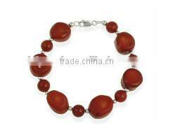 wholesale 7" 15x20mm freeform red oval coral and 8mm round coral gemstone bracelet
