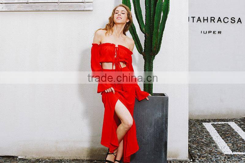 New design 2017 summer Two piece set party sexy dress women Vintage club Off shoulder chiffon red long maxi dress