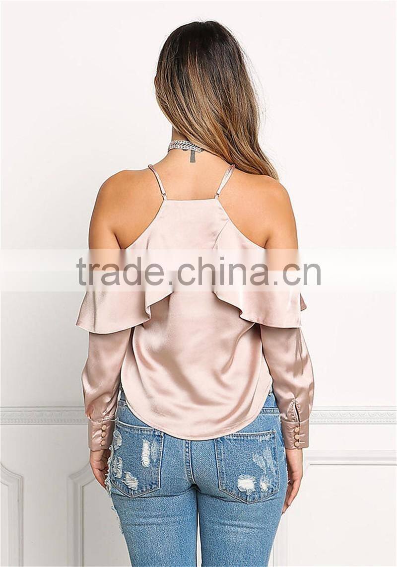 MGOO 2017 Latest Designs Women Satin Blouses Tops Plain Fashion Off Shoulder Crop Custom Ruffles Shirts