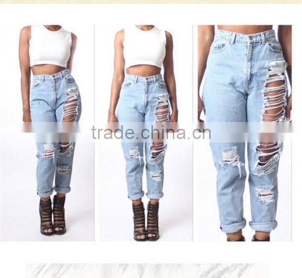 Simple pants hole torn female jeans women's cool denim pants straight jeans for girl destroyed casual pants
