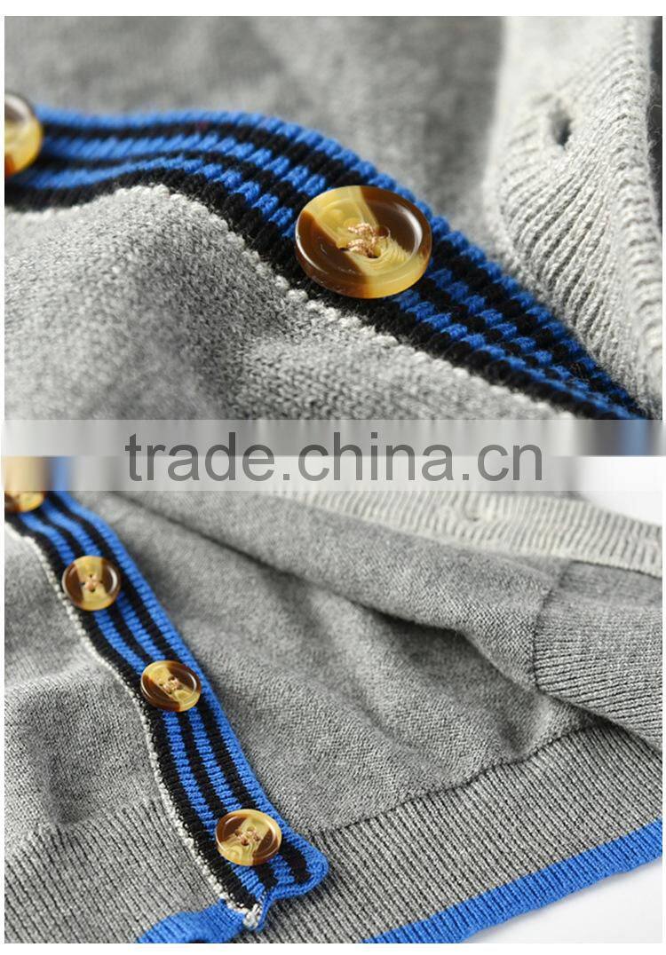 Pure cotton Childrenwear gray color flat knitting strip neck unique design sweater cardigan boy