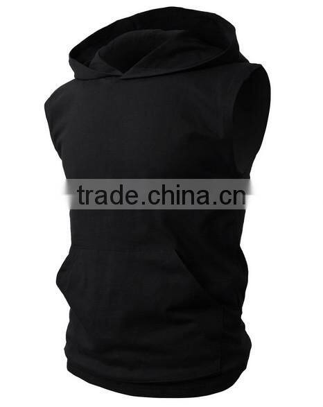 OEM new design cotton plain mens custom sleeveless hoodie with pocket