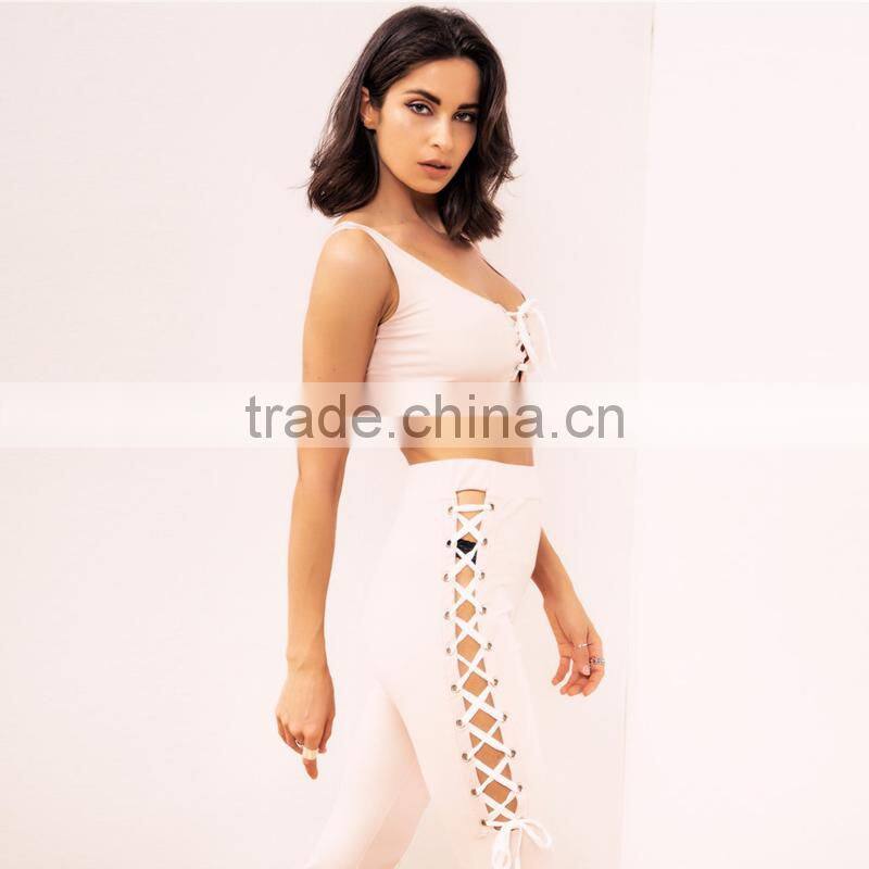 Runwaylover 100 New Fashion 2017 Ladies Suits , Women Sexy Crop Tops And Hollow Out Flared Pants