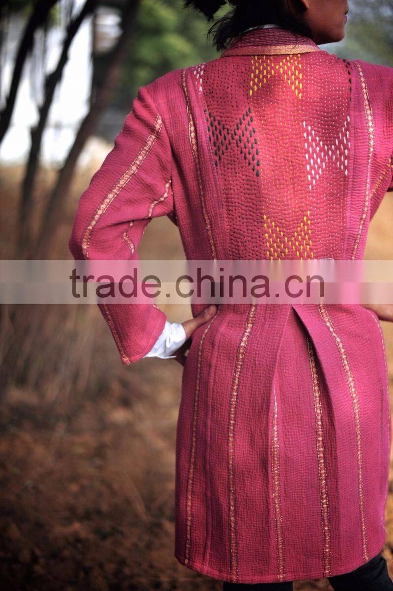 Vintage Kantha Long Jacket in Fuchsia & Gold ~ Extra Extra Large