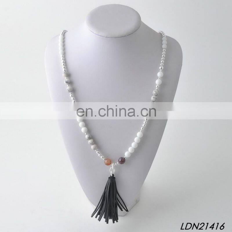 Wron Siver Wooden Beaded Suede Tassel Necklaces