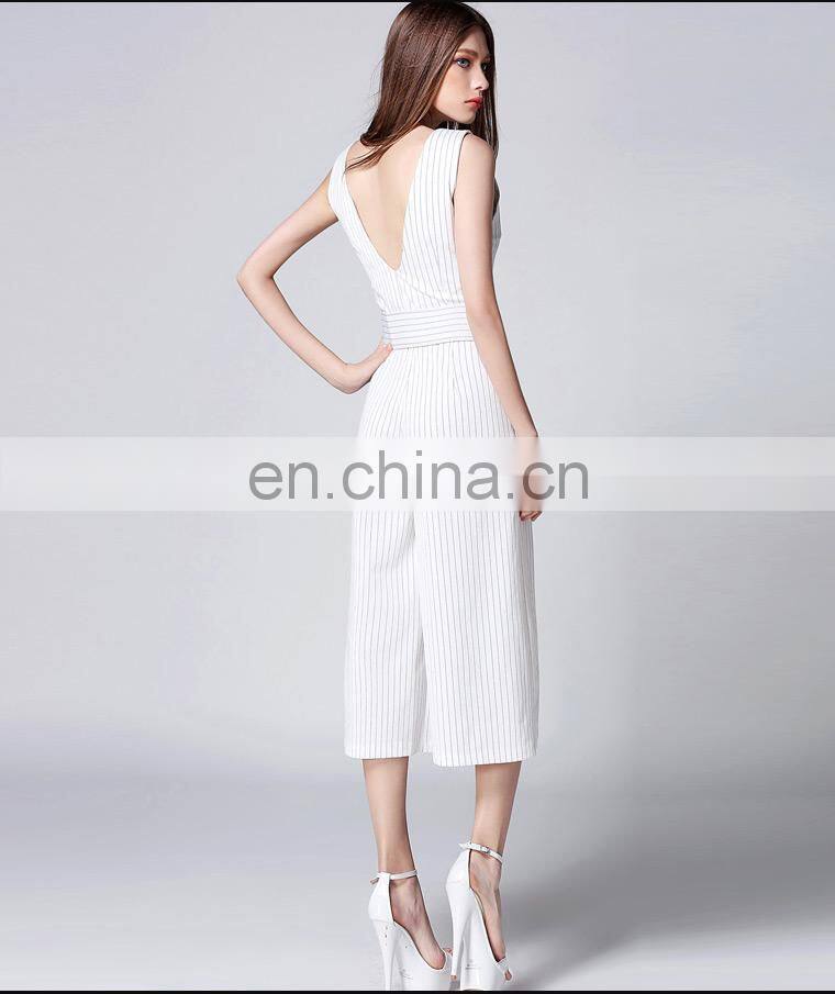 Topshop design V neck stripe pattern jumpsuits for women 2015