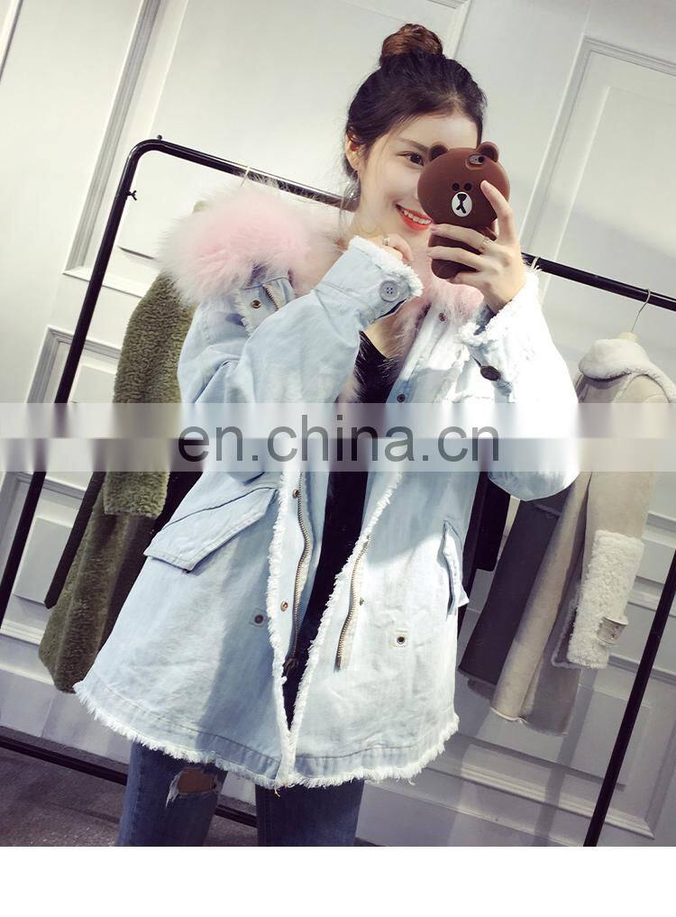 Custom High Fashion Lady Autumn and Winter Cheap Genuine Raccoon Fur Lining Women Jean Coat