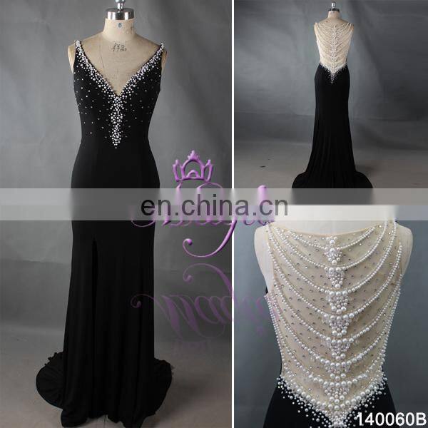 2016 black bead V neck side split sexu back open evening dress
