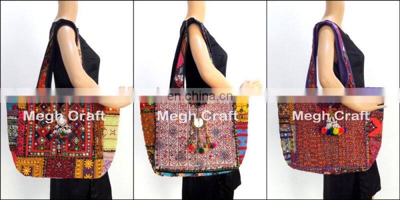 Designer hippie gypsy mirror work Leather tote bag- Designer Embroidered Mirror Work Leather tote Bag