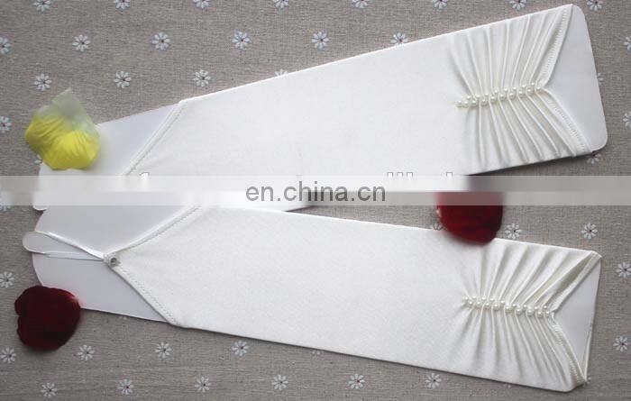Pretty and Elegant Long Finerless Wedding Gloves White & Ivory Appliqued with Sequins& Ruffles Pearl Beaded satin Bridal Gloves