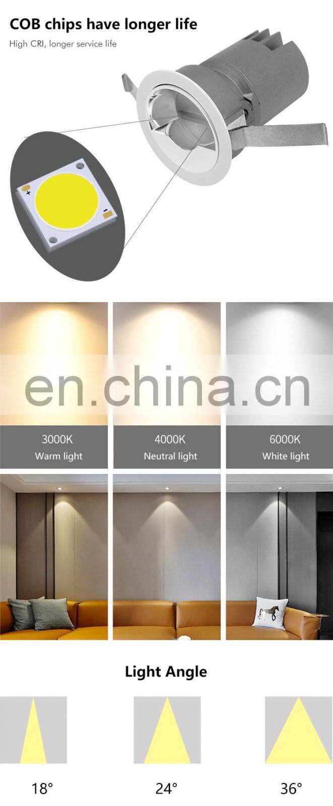 ALLWAY High Quality Indoor Ceiling Lighting 5w 7w 12w 20w Recessed 3 Color Cob Spotlight Led Spot Lamp