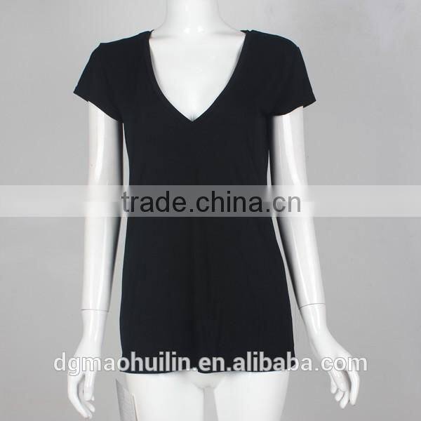 guangzhou tshirt factory custom blank tshirt no label v neck plain black tshirt women