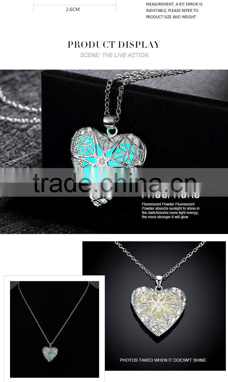 2016 hot selling amber necklace with heart shaped locket luminous stone pendants