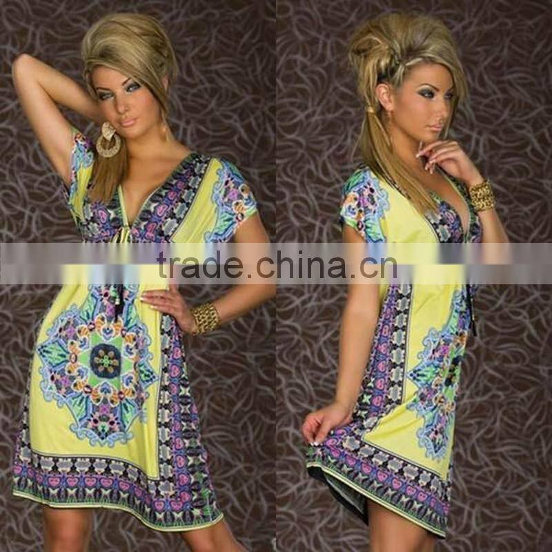 Women Bule XXL Sexy Summer Swimwear Cover Up V Neck Beach Boho Tunic Dress