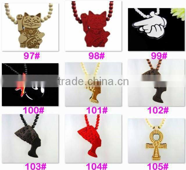 Hip Hop Face Wooden Beaded Pendant 36" Chain Necklace