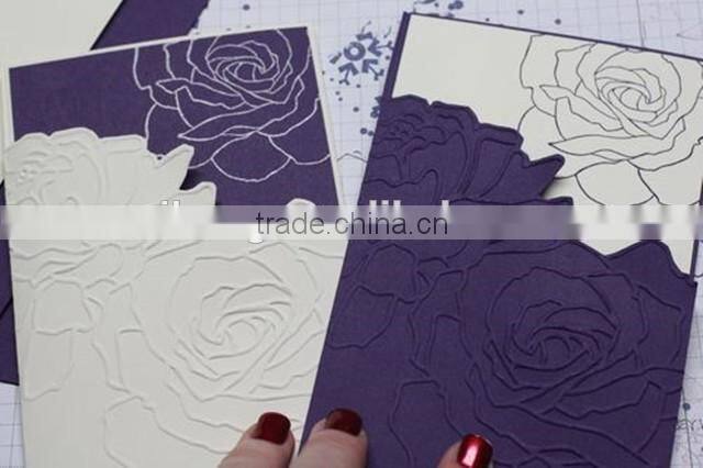 New arrival romantic rose style white & purple embossed wedding invitations
