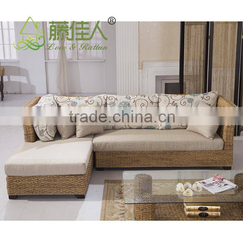 Nice Design Hand Woven Classic Water Hyacinth Seagrass Natural Rattan Wicker Living Room Furniture L Shape Sectional Sofa Set