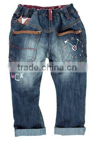 2014 girls fashion elastic waist embroidery jeans kid