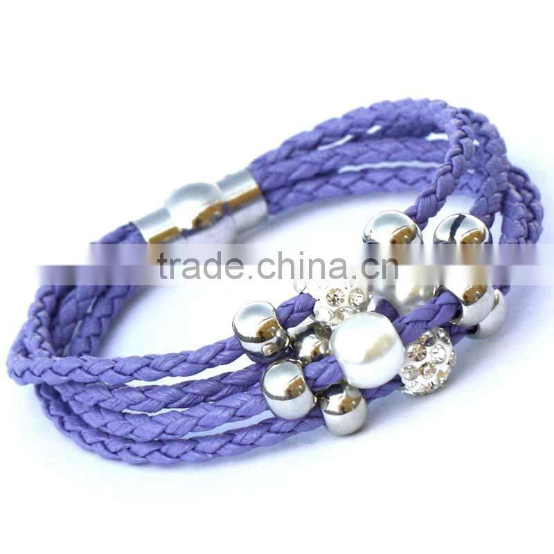 Lady PU Leather Cuff Wrap Wristband Magnetic Buckle Bracelet with Sliding Beads