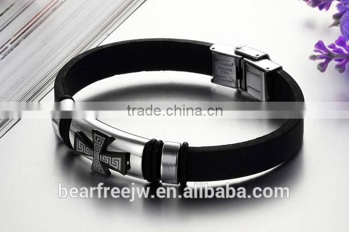Charm Rubber Silicone Chain Gold Cross wristband bracelet for mens with stainless steel buckle