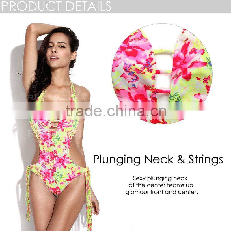 RELLECIGA 2016 OZ Collection - High Contrast Floral Blooming Pattern One-piece Swimsuit with a Trio of Straps at Center Front Op