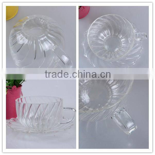 wholesale high borosilicate glass drinking cup with saucer and handle in stripe glass for tea or coffee