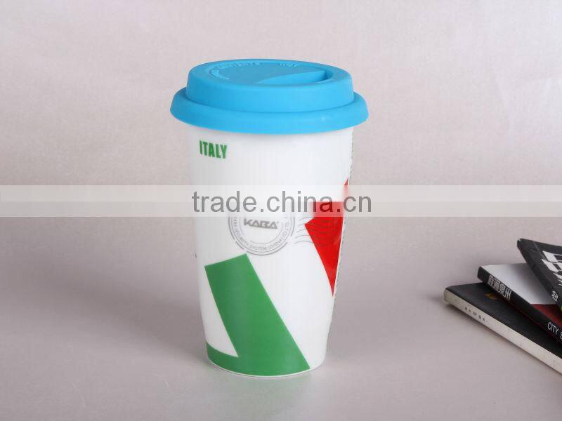 Flag ceramic coffee cup with food grade silicone lid high quality but low price wholesale