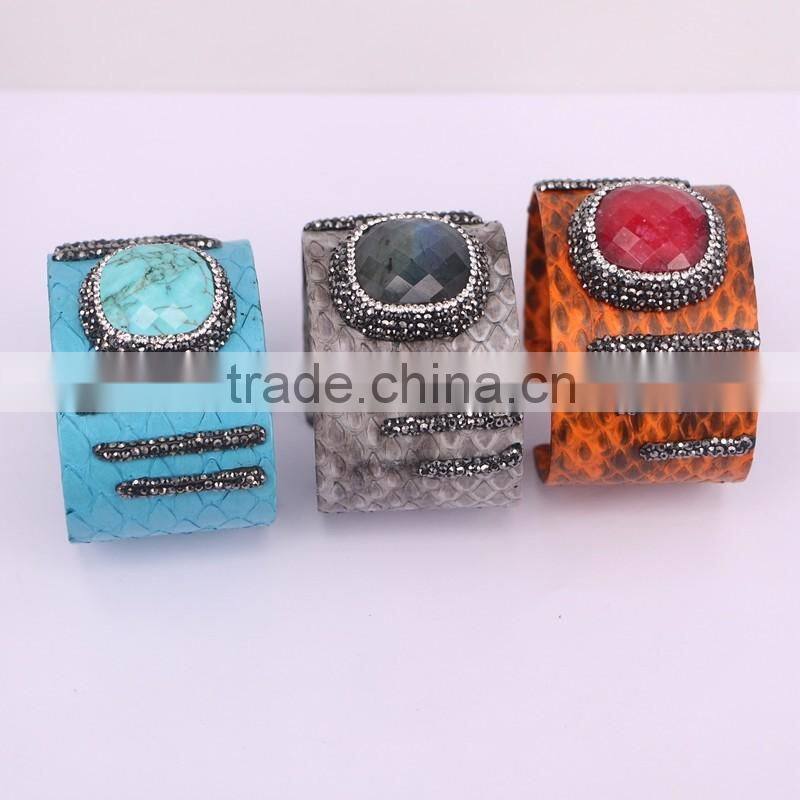 Natural Labradorite Amazon Turquoise Amethyst Gem Stone Bangle, Snakeskin Wrap Pave Crystal Leather 40mm Cuff Bangles