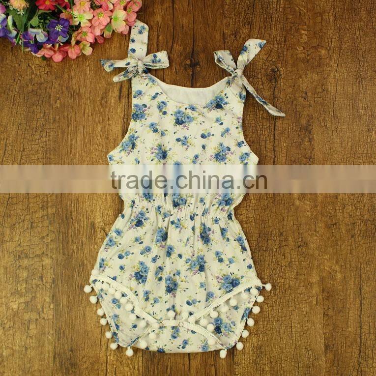 Wholesale baby clothes cheap girl floral knit cotton romper with pom pom cotton baby clothing floral vintage girls bodysuits