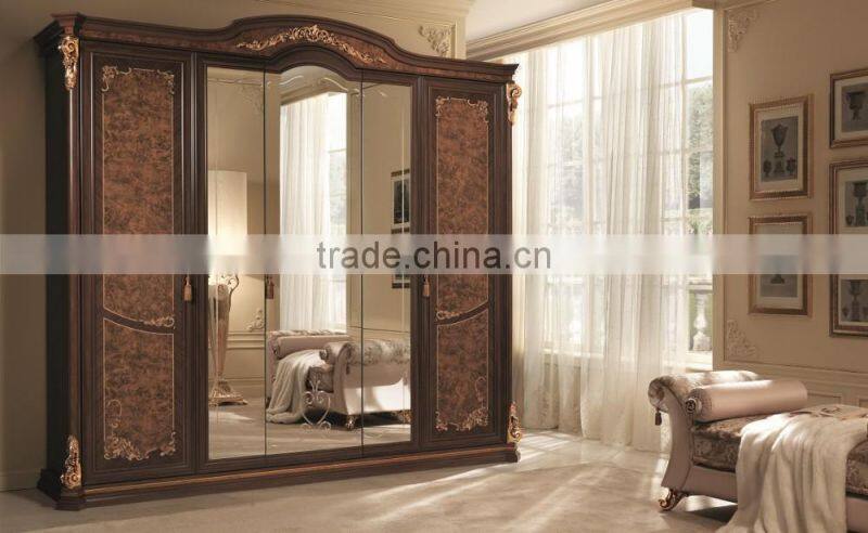 Solid Wood Golden Color Five Door Wardrobe/Luxury Italian Bedroom Furniture(MOQ=1 SET)