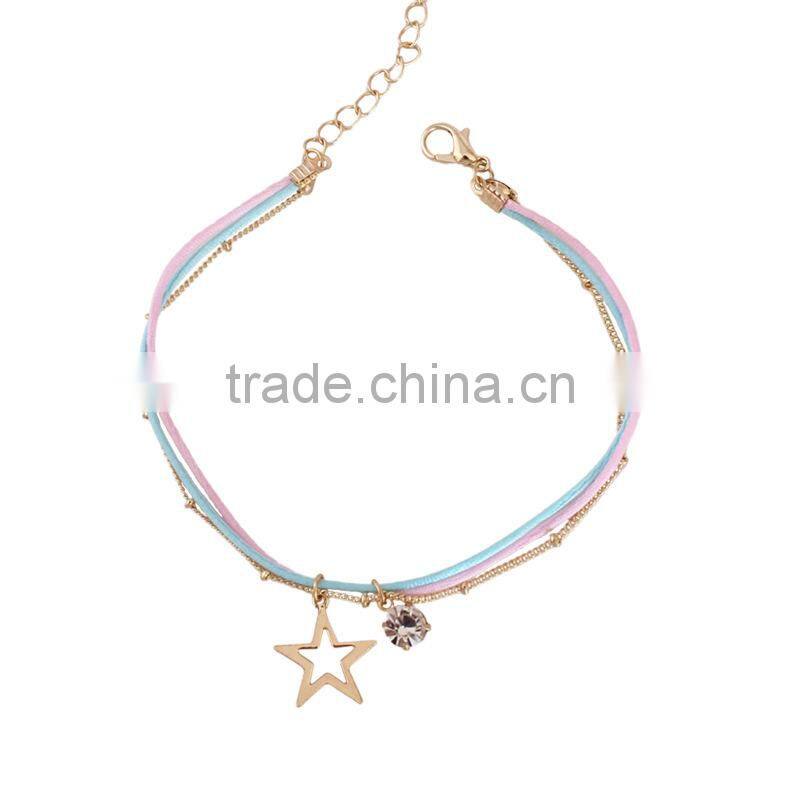 gold cross star zircon charms bracelet layered colorful silk cord gold chain bracelet