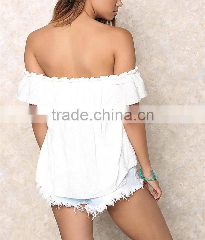 Latest design summer tops 2016 Ivory floral off shoulder crop top HST3794