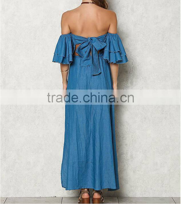 Blue Chambray Off Shoulder Bell Sleeve Maxi Denim Jeans Dress Ladies Western Dress Designs HSd5281