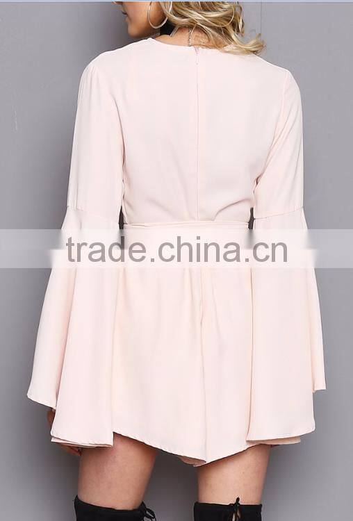 New arrival pretty lovely long sleeve v neckline pink romper playsuits for women