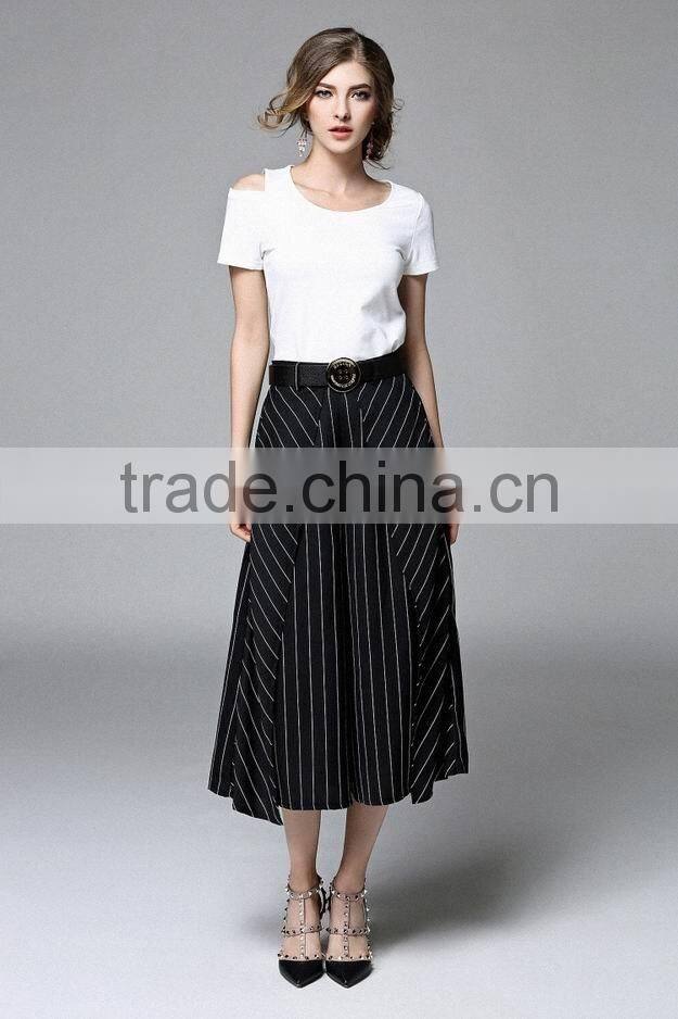 Two Pieces Set Women New Fashion Summer 2016 Ladies Off Shoulder T-Shirt Tops and Striped Print Wide Leg Pants