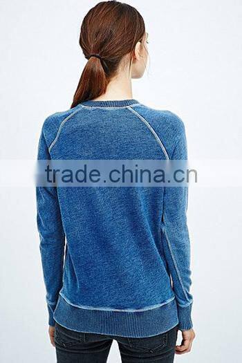 Custom top stitch sweatshirts, cotton acid vintage wash french terry blank wholesale plain crewneck raglan sweatshirt women