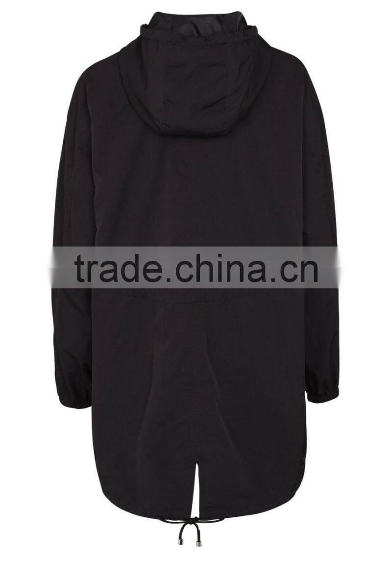 2015 OEM fashion zip through plain wind proof coat long jacket for women.