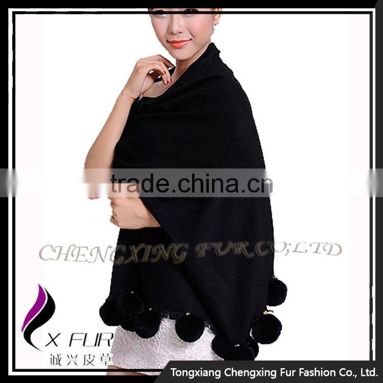 CX-B-P-42C Rabbit Fur Pom 2016 New Design Cashmere Shawl