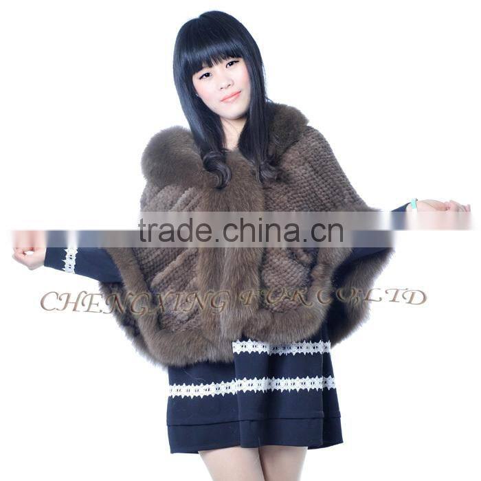CX-B-M-99A In-stock Item Wholesale Knitted Genuine Fox Fur Trim Mink Fur Shawl Coat