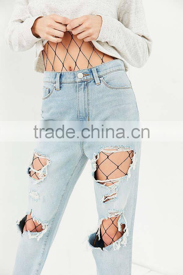 2017 Popular Super Trendy And Cute Mesh Legging Out From Under Fishnet Catsuit Sexy Bodysuit Layered With Ripped Denim