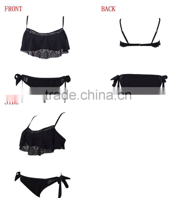 Black Bikini Set with Flouncy Ruffle and Floral Cutouts at Top and Scrunch Bottom