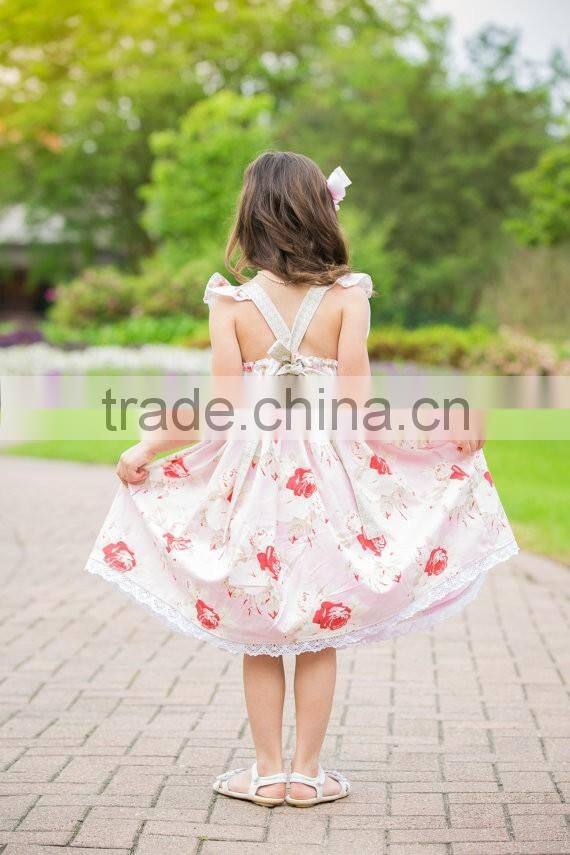 Girls Flutter Sleeve Kids Clothing Wholesale Roses Printed Designer One Piece Dress