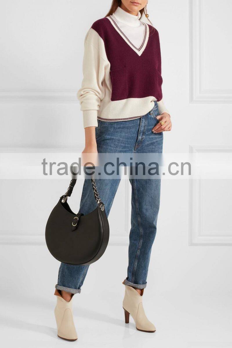 V-Neck Burgandy and Ivory Color Combination Women's Cashmere Sweater in Raglan Sleeves Design