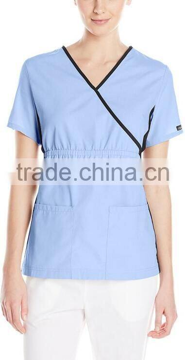 Top Selling Mock Wrap Women Medical Scrubs Wholesale Knit Panel Top