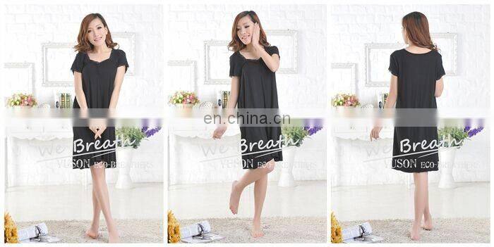 Lace trim square neck short sleeves bamboo sleep gown solid colors